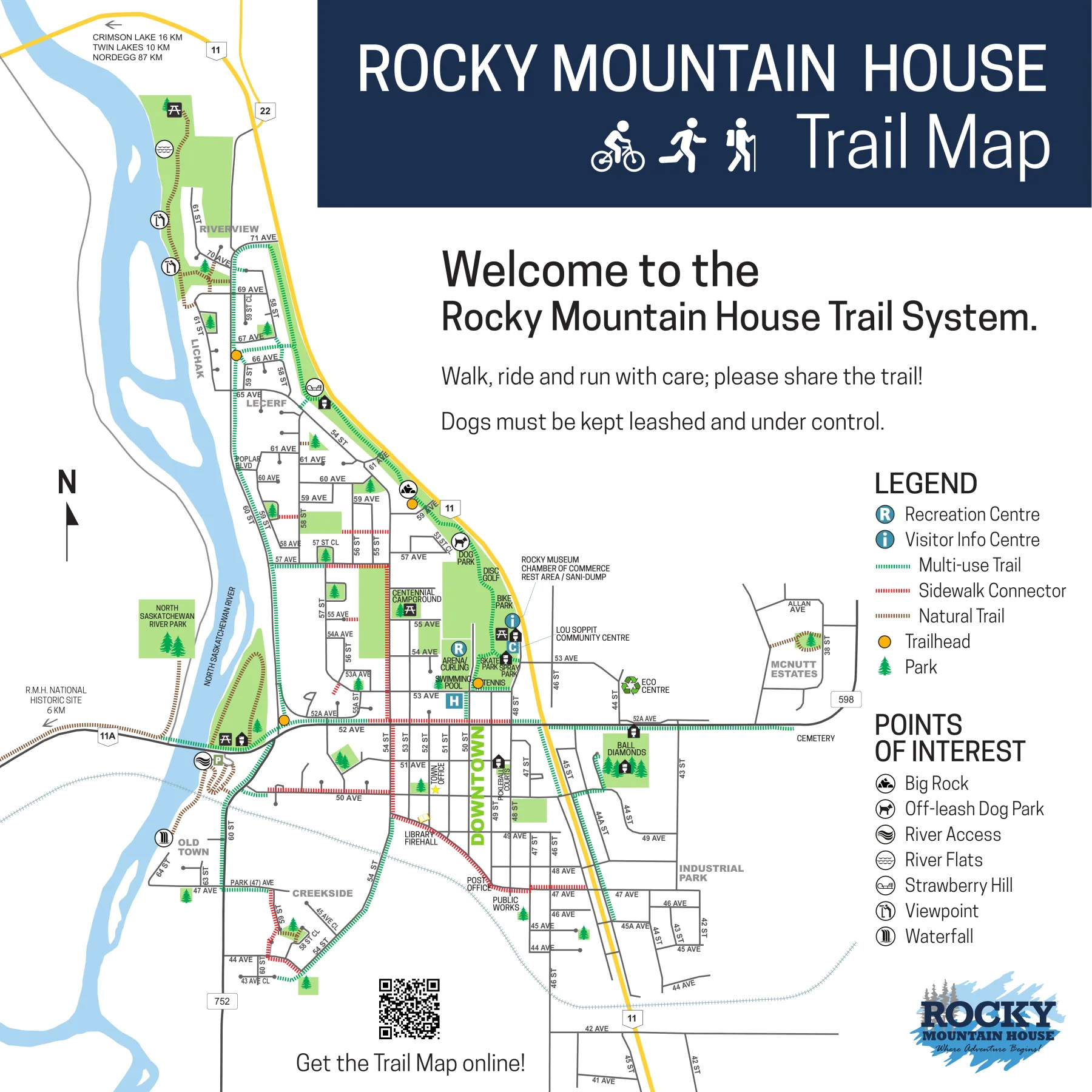 Official Town of Rocky Mountain House trail map, August 2025