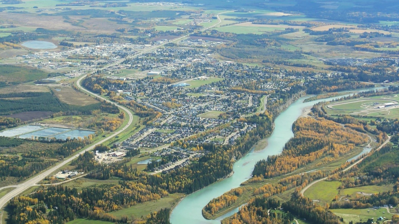 Aerial view of Rocky Mountain House and the North Saskatchewan River